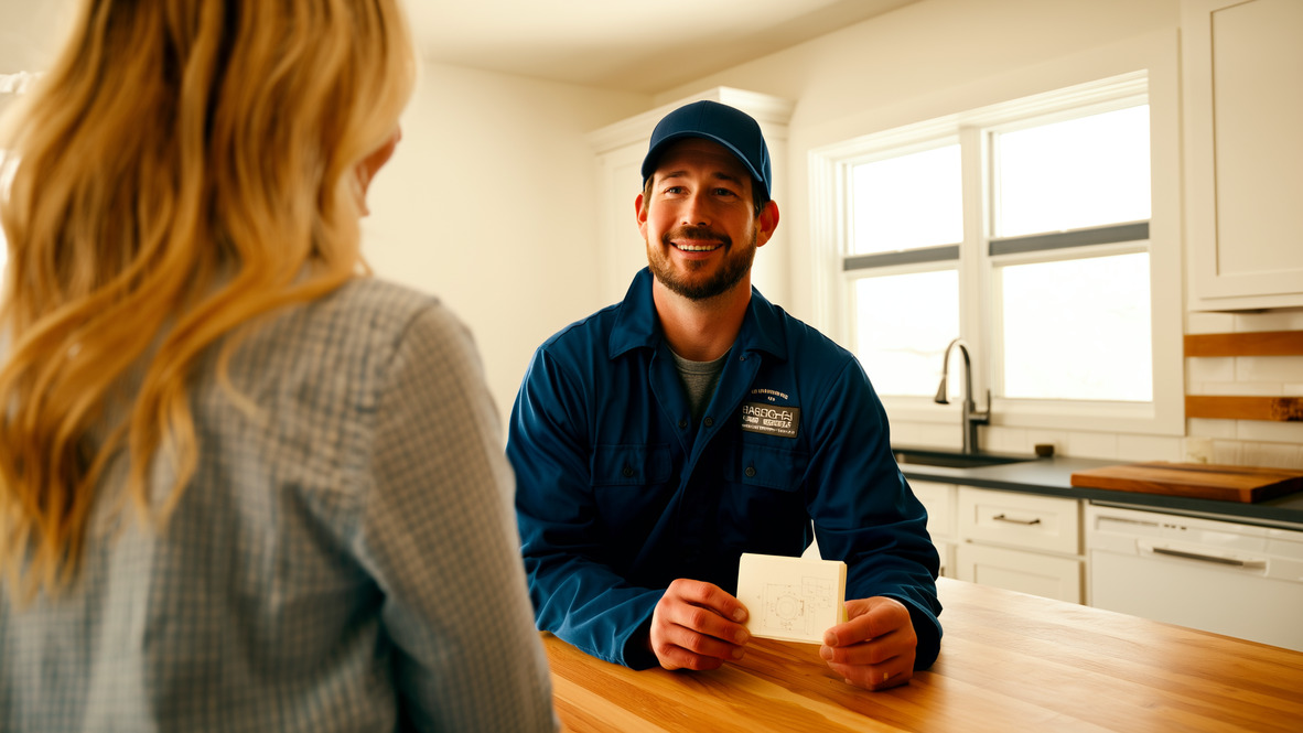 August Limited technician explaining a comfort-system plan to a homeowner at their kitchen island